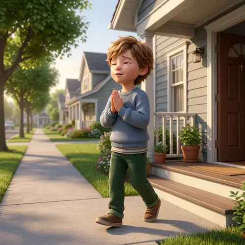 3D Caucasian Child Praying Outside Home in Calm Neighborhood