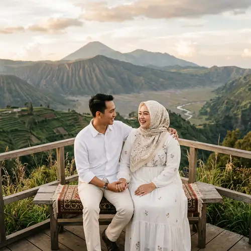 Romantic Southeast Asian Couple Against Mountain Scenery