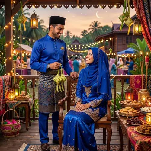 Festive 4K South Asian Couple in Royal Blue Baju Raya - Ramadhan Scene