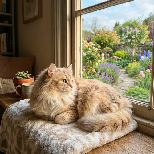 Golden and White Fluffy Cat Basking in Sunlight on Window Sill