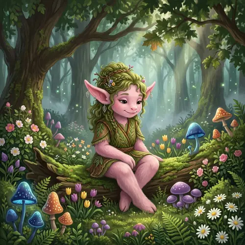 Enchanting Pink Forest Creature Amidst Bell-Shaped Mushrooms