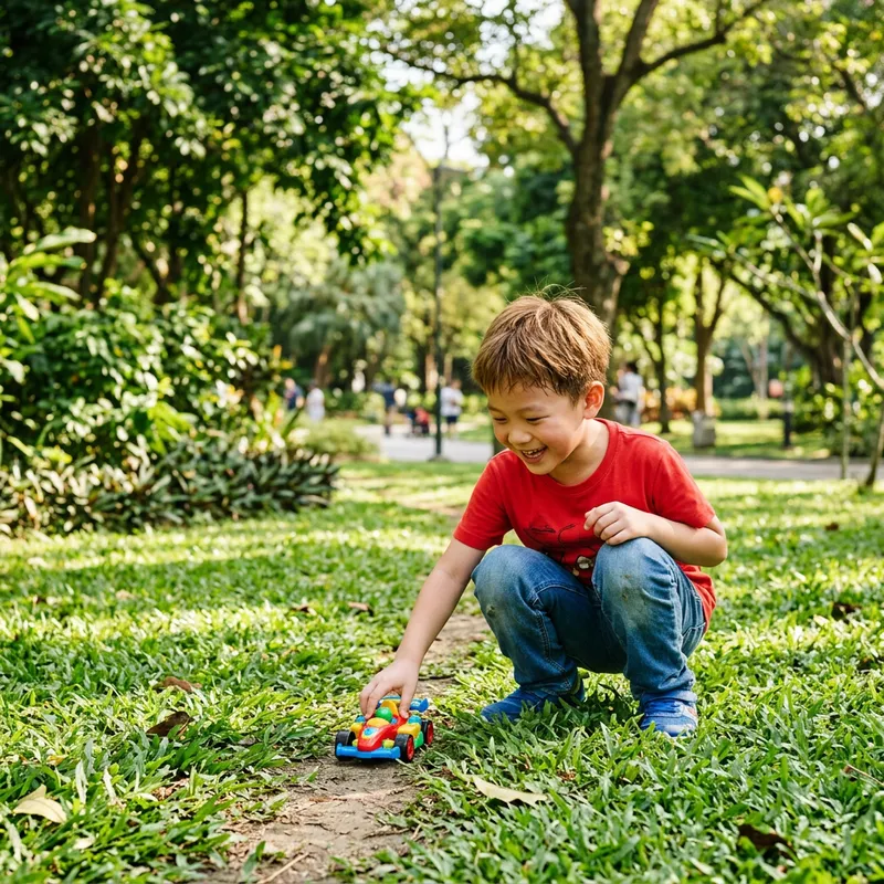 Happy Boy Playing with Toy Car Outdoors Happy Boy Playing with Toy Car Outdoors