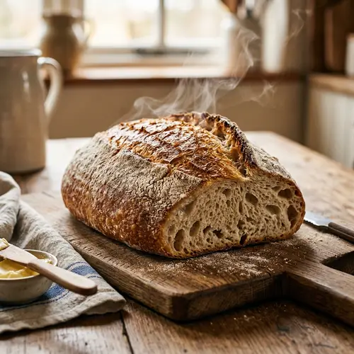 Freshly Baked Rustic Loaf: Golden Crust & Irregular Air Pockets