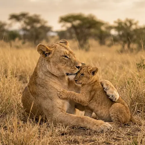 Heartwarming Lioness and Cub Embracing - Family Love Scene