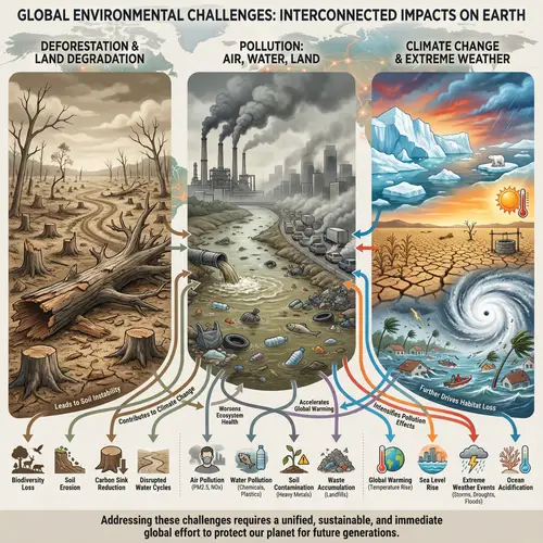 Environmental Challenges Infographic: Deforestation, Pollution, Climate Change