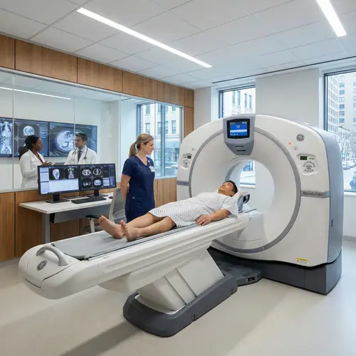 Modern CT Scan in Medical Clinic: Patient & Doctors Examining Images