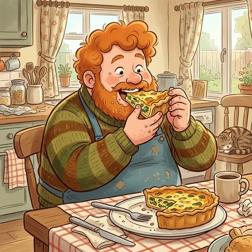 Fat Ginger Cartoon Enjoying Quiche Delightfully