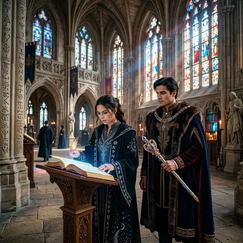 Brunette Woman and Mysterious Prince in Gothic Magic Academy