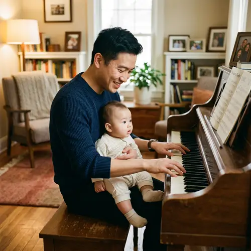 East Asian Male Musician Soothing Baby with Piano Melody
