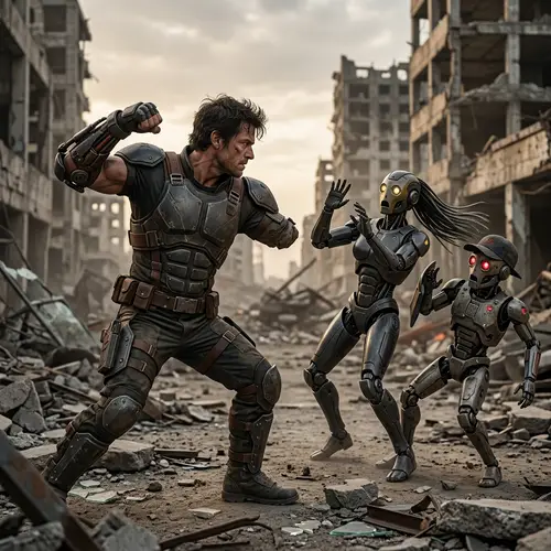 Futuristic Battle Scene: Man Vs. Robots in Desolate City