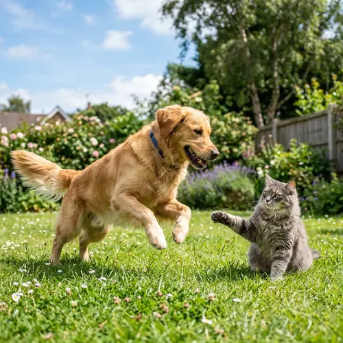 Golden Retriever and Tabby Cat Playful Scene