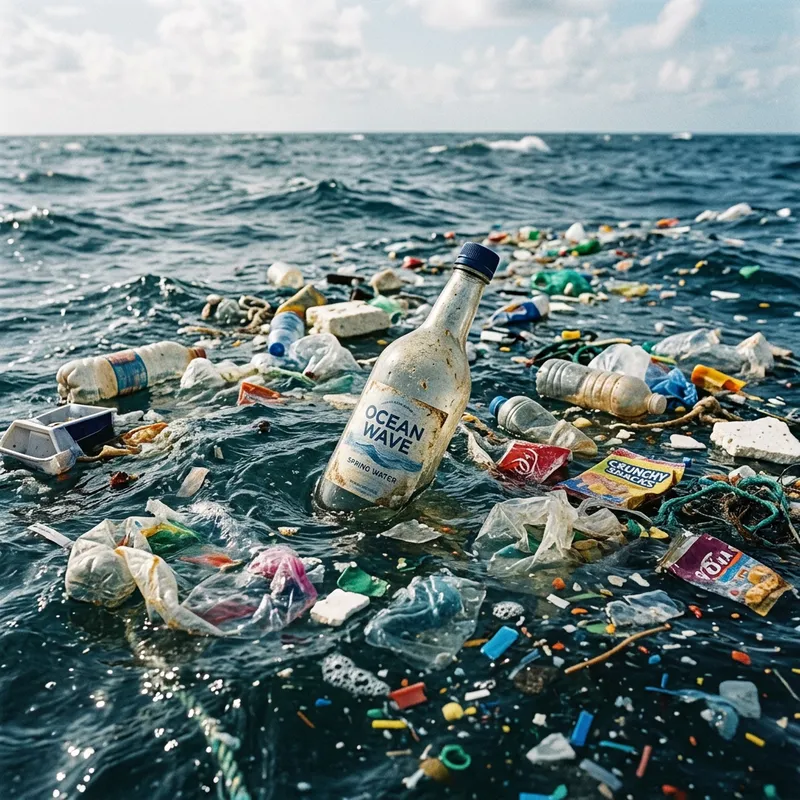 Bottle in Ocean Among Trash Pollution