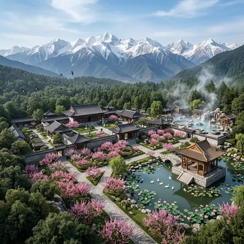 Ancient Chinese Estate | Snow-Capped Mountains & Plum Blossoms