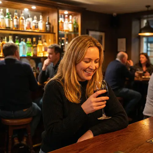 Golden Blonde Woman Laughing at Bar | Casual & Lively Atmosphere