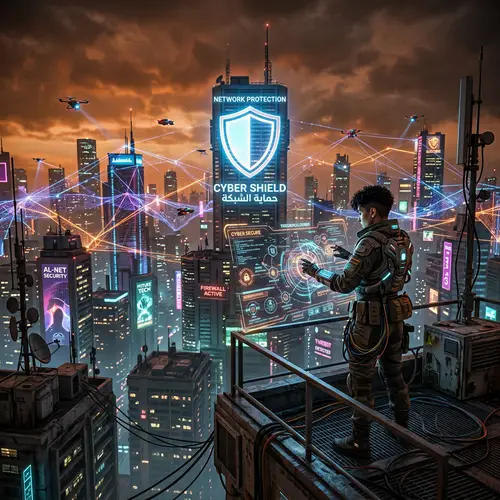 Futuristic Network Security in Cyberpunk Cityscape