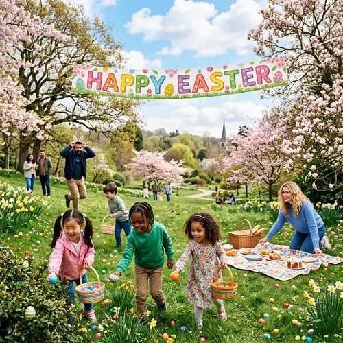 Festive Easter Scene: Kids' Egg Hunt & Bunny Fun