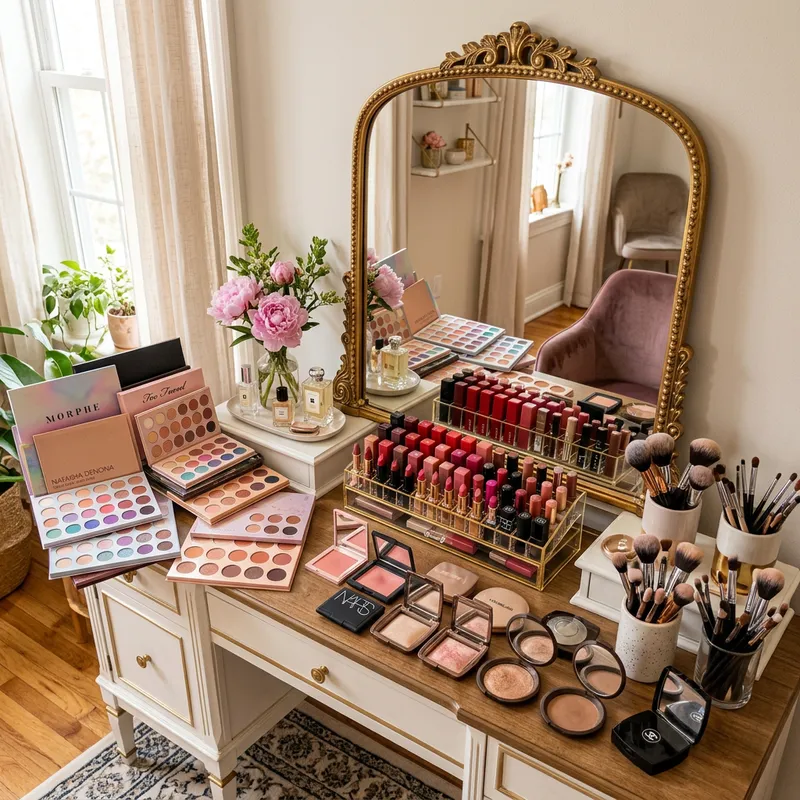 Gracefully Designed Makeup Vanity with Eyeshadow Palettes, Lipsticks & Brushes