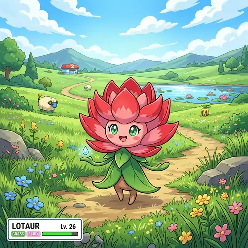 Red Lotus Pokemon Character in Wide Open Plain