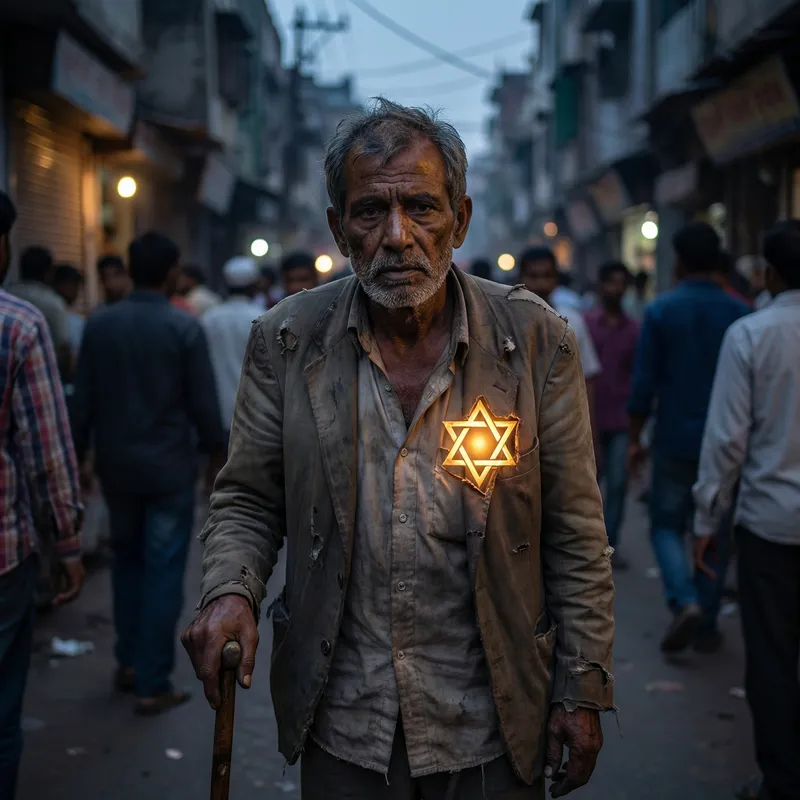 South Asian Man with Radiant Star Symbol Enduring Hardships South Asian Man with Radiant Star Symbol Enduring Hardships