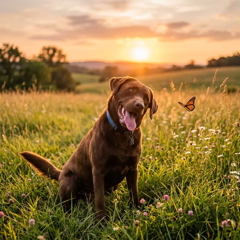 Brown Labrador Retriever Watching Butterfly