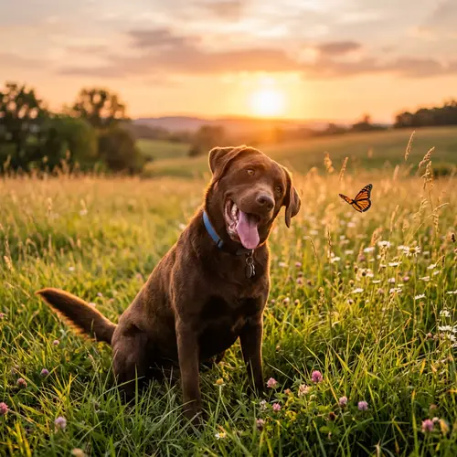 Playful Brown Labrador Retriever in Grassy Field Watching Butterfly