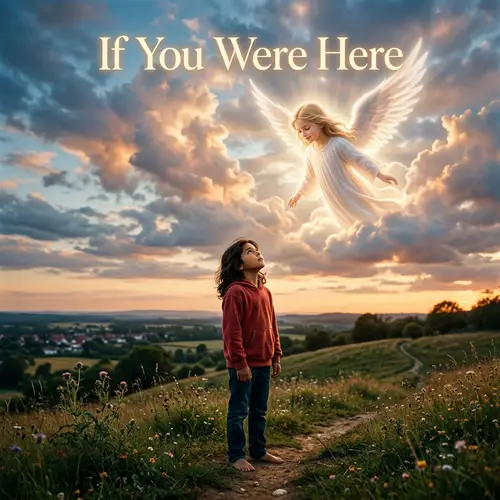 Hispanic Boy in Red Sweatshirt Looking Up with Angelic Girl in the Sky