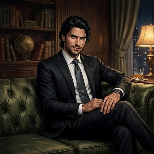 Sophisticated Man in Black Suit on Plush Couch