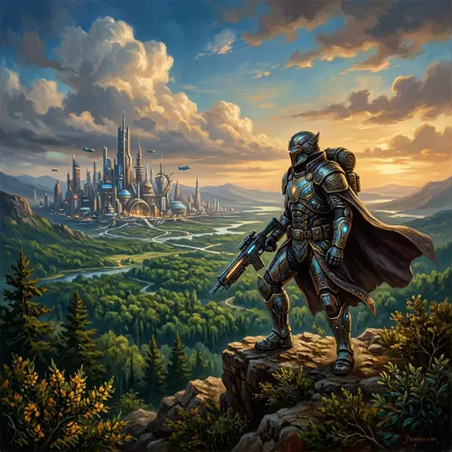 Futuristic Armored Warrior Landscape Painting
