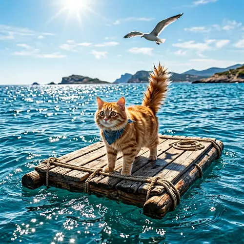 Adventurous Orange Tabby Cat Rafting in Azure Sea