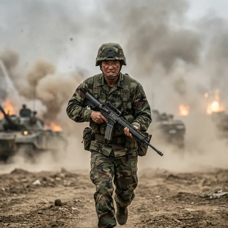 Courageous Asian Male Soldier in Intense Battle Courageous Asian Male Soldier in Intense Battle