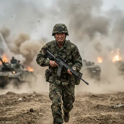 Asian Male Soldier Charging into Battlefield