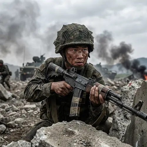 Asian Male Soldier in Hyper Realistic Battle Scene