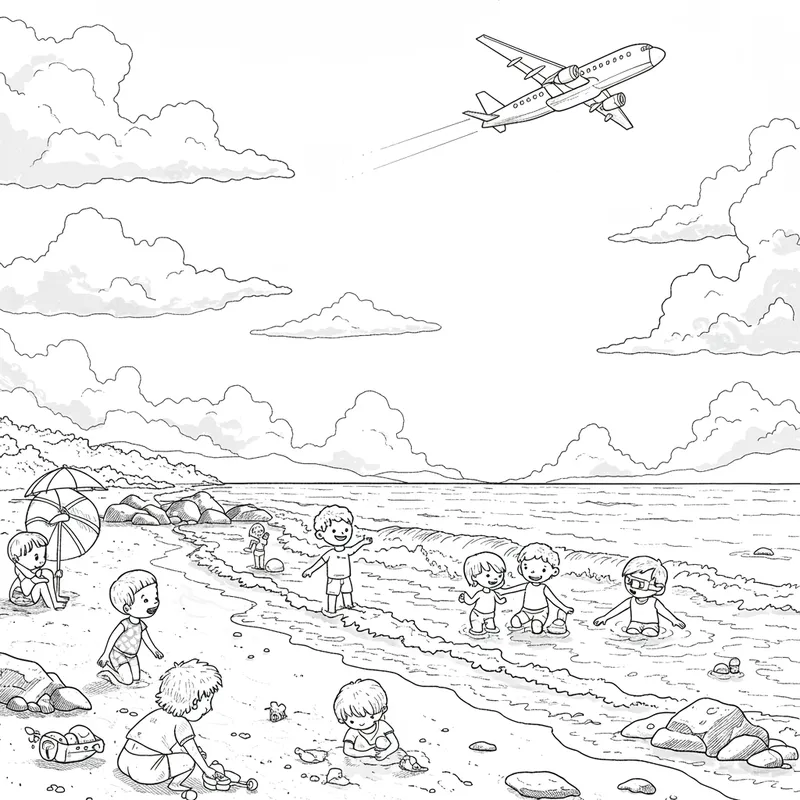 Beach Coloring Page: Kids Playing by the Sea