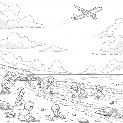 Beach Coloring Page: Kids Playing by the Sea