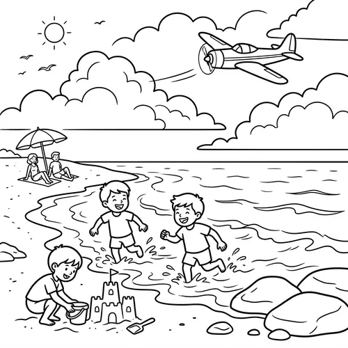 Beach Coloring Page: Kids Playing by the Sea