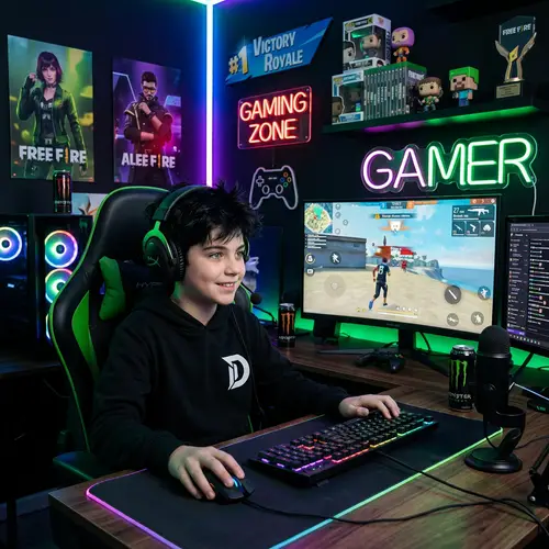 Black-Haired Boy Gamer with 'D' Logo Playing Free Fire in Gaming Office
