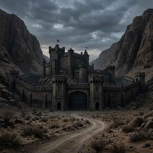Somber Castle Between Tall Hills in Desert