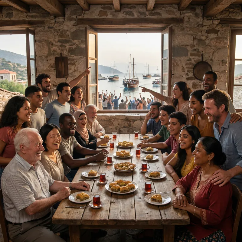 Joyful Multigenerational Family Gathering with Baklava, Tea & Ship Treasures