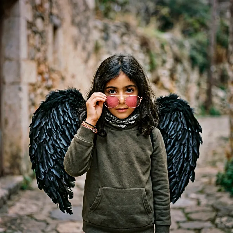 Enigmatic Young Middle-Eastern Girl with Black Wings Taking Off Pink Sunglasses