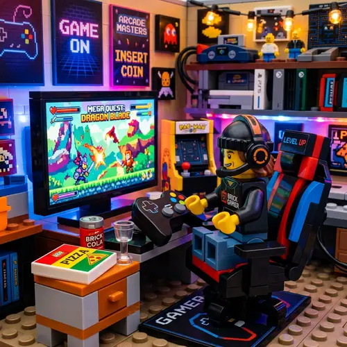 Dynamic Gamer Lego Scene in Arcade-Themed Room