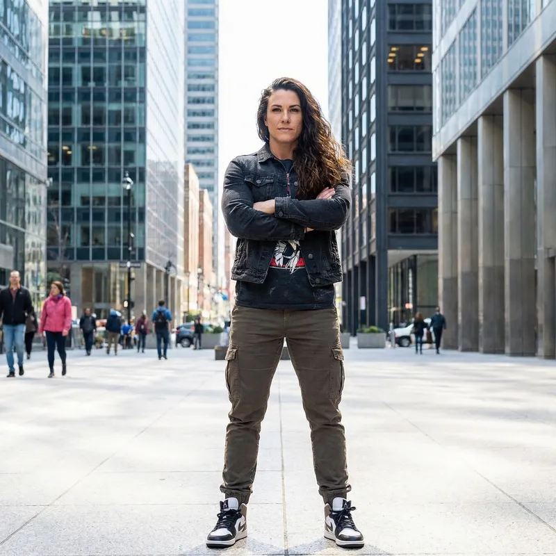 Confident Woman with Long Dark Hair in Urban Landscape