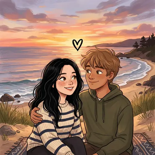 Romantic Drawing of a Couple at Sunset