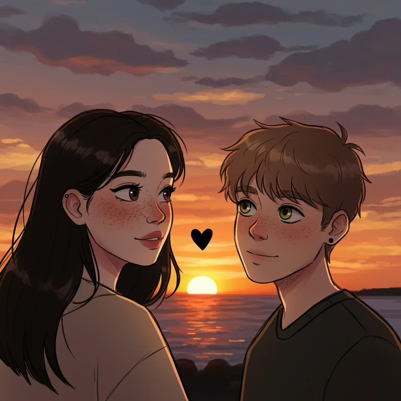 Romantic Drawing of a Couple at Sunset