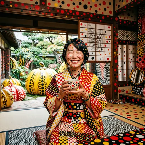 Yayoi Kusama Inspired Art: Smiling Woman with Cup