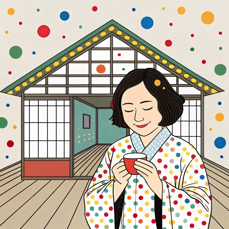 Yayoi Kusama Inspired Art: Smiling Woman with Cup