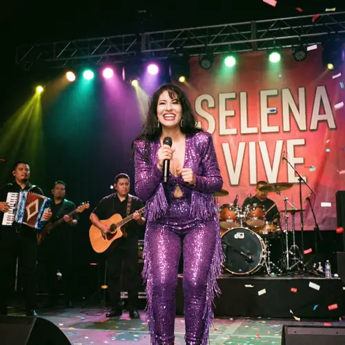 Latin Tejano Music Singer in Sparkling Purple Jumpsuit on Stage