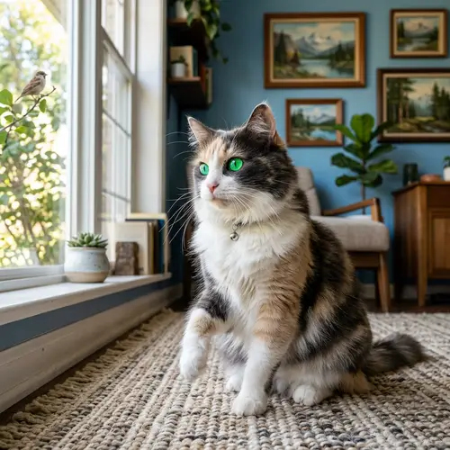 Detailed Domestic Cat Image | Fluffy Fur, Emerald Green Eyes