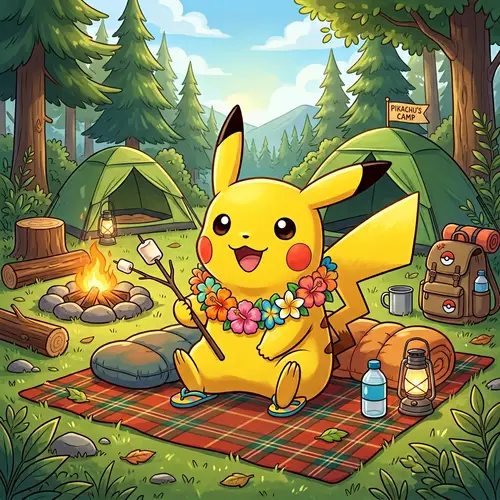 Pikachu Camping Fun with Flower Necklace