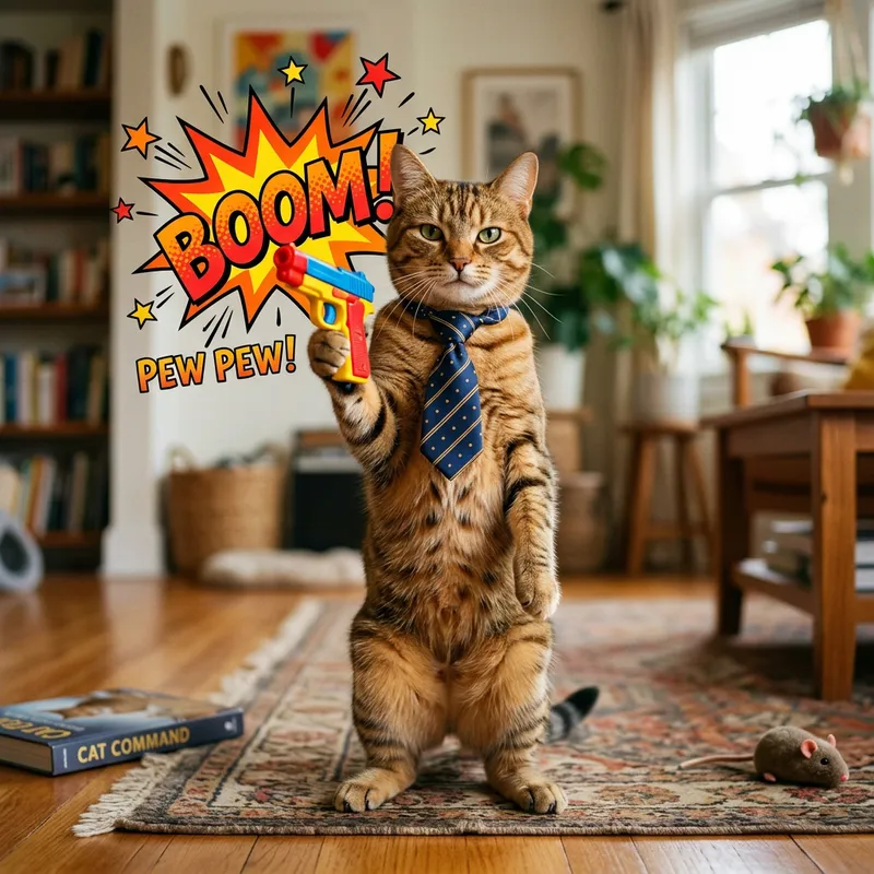 Powerful Cat with Stylish Tie and Playful Gun - Unique Scene Powerful Cat with Stylish Tie and Playful Gun - Unique Scene