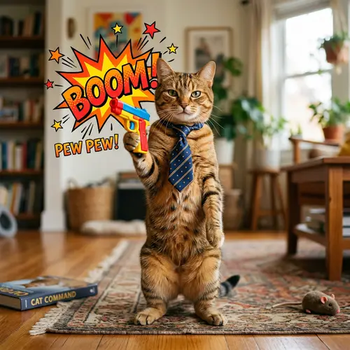 Stylish Cat with Tie Holding Toy Gun - Playful and Daring Scenario